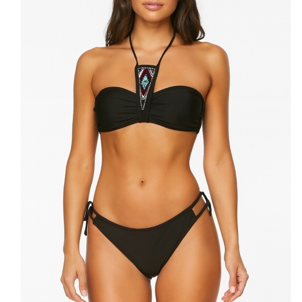 2 piece bikini black beaded halter style top SM top SZ MD Bottom